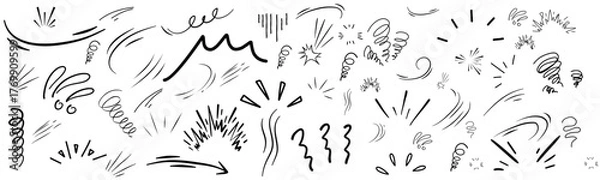 Fototapeta Line hand drawn brush marker underline, highlight, star element set.  Vector illustration. 