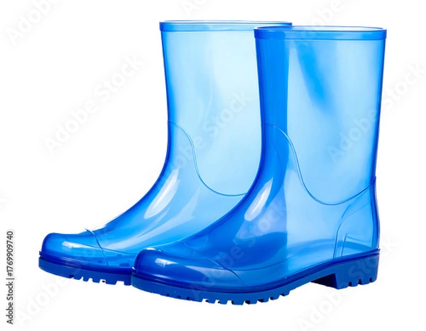 Fototapeta Translucent, blue rubber rain boots sit side by side. Sole has good tread