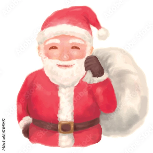 Obraz プレゼントの袋を持った笑顔のサンタクロース-白背景