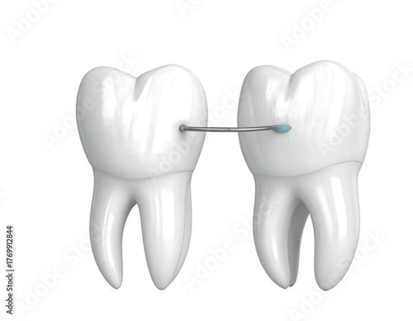 Obraz Two white, detailed teeth joined by a thin silver wire, used for dental bracing, over a transparent background