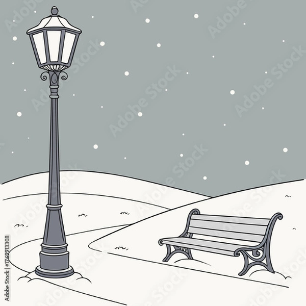 Obraz A winter scene with a lamppost and a bench
