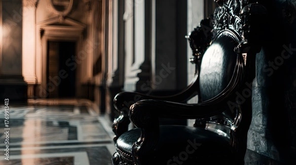 Obraz throne. Empty ornate throne in grand hall with soft side lighting and shallow depth of field. real-estate listings.