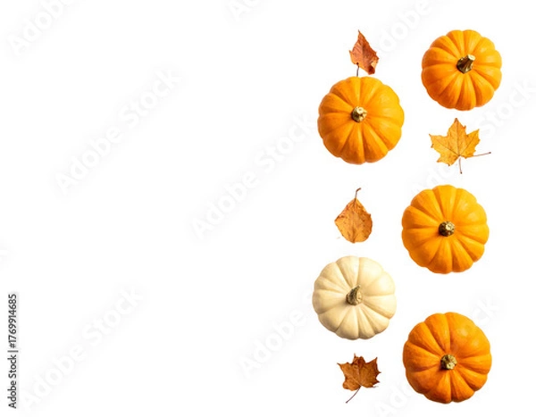 Fototapeta Vertical row of mini pumpkins and fall leaves on black