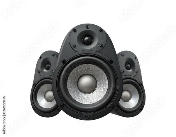 Obraz Trio of sleek, black speakers, arranged with a dominant central speaker against a stark black background