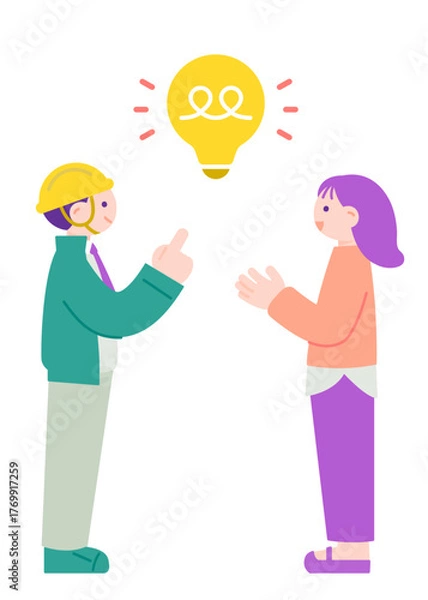 Obraz 解決策を提案するヘルメットをかぶった作業員と女性