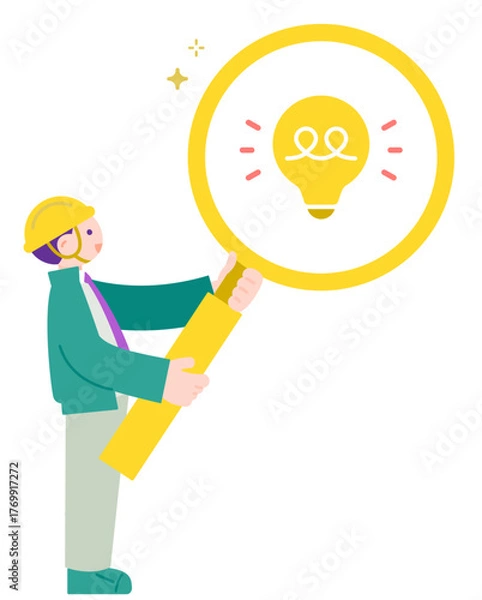 Obraz 解決策を発見するヘルメットをかぶった作業員男性