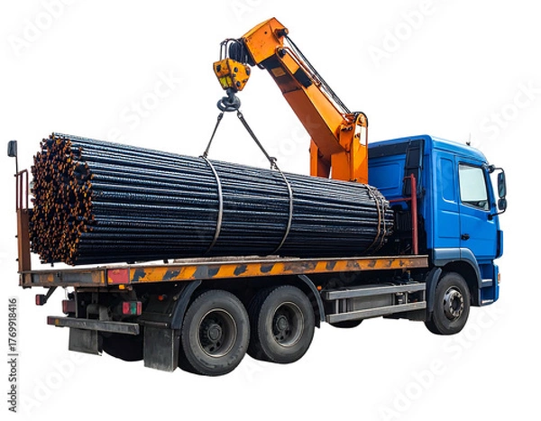 Fototapeta Truck transports hefty load of steel bars, secured and lifted by an orange crane, against a dark backdrop