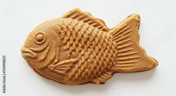 Fototapeta Golden brown fish shaped baked snack rests on a clean white background softly illuminated by studio light. AI Generated