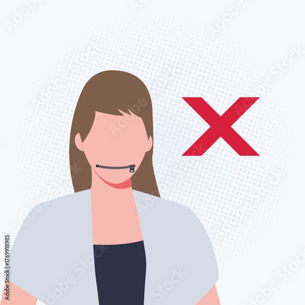 Fototapeta anxiety, censorship, communication, emotion, flat design, forbidden, forbidden speech, freedom, human rights, media control, minimalist, mouth zipped, mute, no comment, oppression, privacy, protest