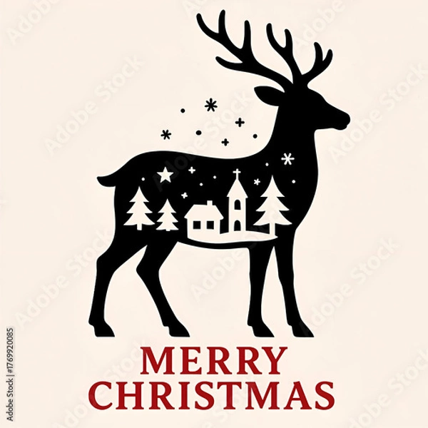 Fototapeta Merry Christmas Silhouette Moose With Winter Village Inside, Festive Holiday Scene