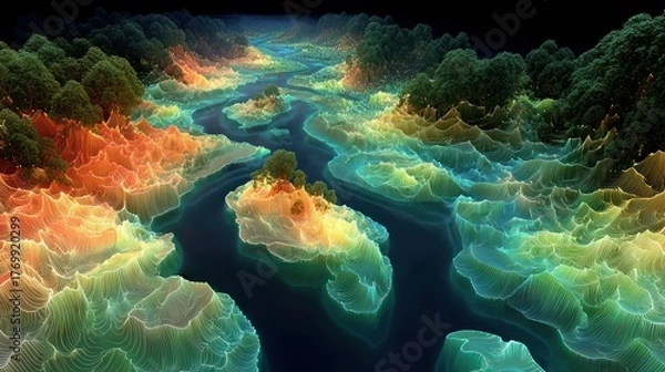 Fototapeta Abstract illustration of a colorful landscape with river and green trees on the sides