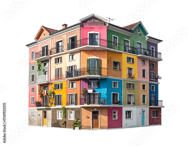 Fototapeta Vibrant, stacked apartment building with varying colors and balconies on a black background, sunny day