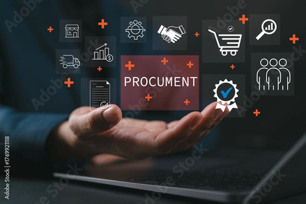 Fototapeta Procurement management and supply chain concept. Procurement icons related to logistics, supply chain, and inventory management. procurement in ensuring efficient business operations. delivery service