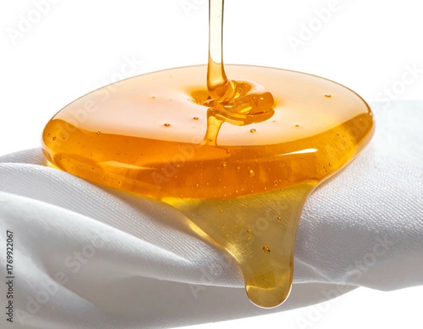 Fototapeta Viscous golden liquid pouring onto a textured white fabric creates a glossy, drippy effect
