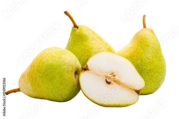 Fototapeta green pears with cut half on white background.