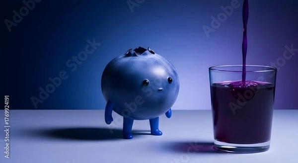 Fototapeta surreal anthropomorphic blueberry with small indigo legs pouring deep blue juice into a clear glass on a pale surface with a dark blue-violet background, symbolizing imagination, creativity, and calm 