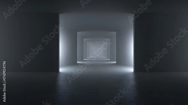 Obraz veil. A foggy grey corridor with distant doorways and soft, diffused lighting. real-estate listings, architecture portfolios, designed for real-estate listing and luxury residence showcases.