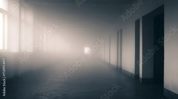 Obraz veil. A foggy grey corridor with distant doorways and soft, diffused lighting. real-estate listings, architecture portfolios, designed for real-estate listing and luxury residence showcases.