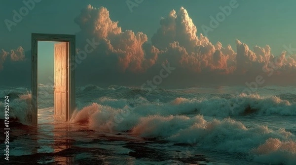 Obraz A surreal artistic image of an open door in the middle of the ocean during the sunset