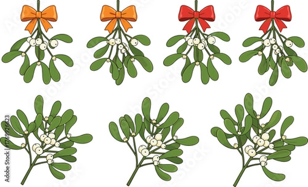Fototapeta Stylized mistletoe bunches with green leaves, white berries, holiday decoration, festive botanical illustration, Christmas plant, seasonal ornament design