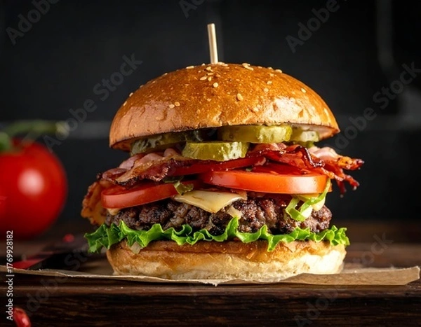 Fototapeta Delicious burger with all the fixings, on a wooden surface