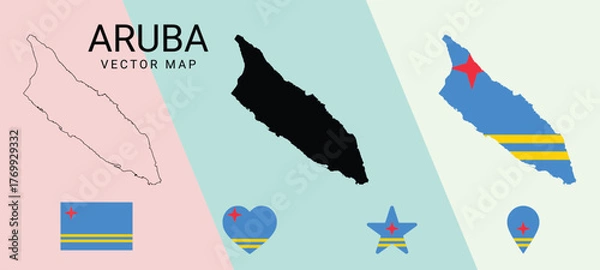 Fototapeta aruba vector map set with flag icons outline silhouette and shape