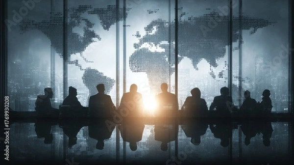 Obraz Business people silhouettes in a meeting room with world map background
