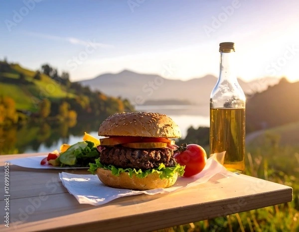 Fototapeta Delicious burger with salad & oil bottle with beautiful scenic background