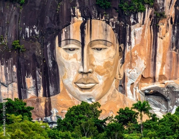 Fototapeta Giant human face carved into a rock cliff, overlooking lush greenery