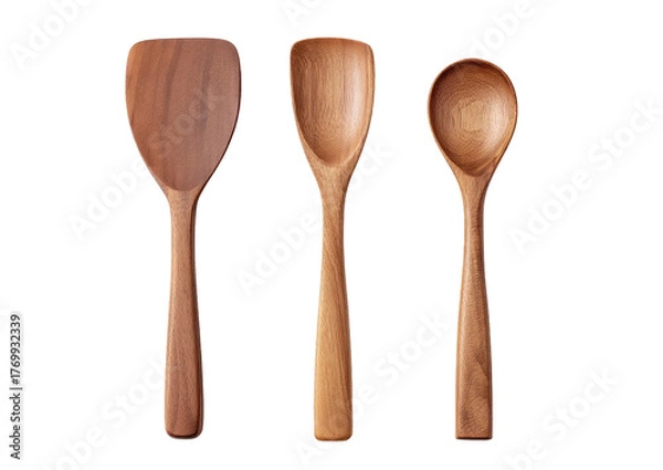 Fototapeta Three brown wooden cooking utensils against a black background