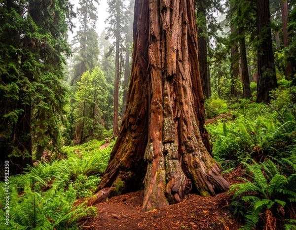 Fototapeta Giant Redwood tree in a lush, green forest with ferns and other trees