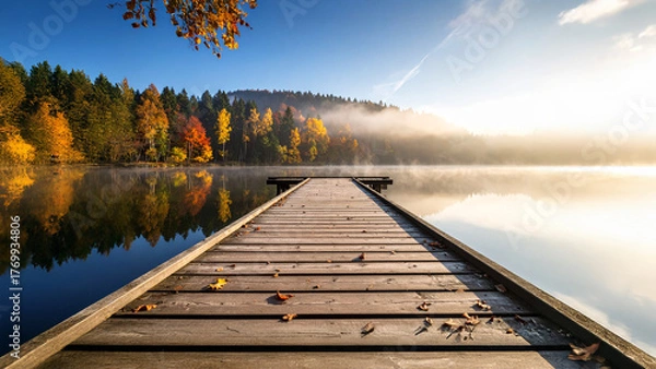 Fototapeta Whispers of the Fog: A Tranquil Autumn Lake Embracing a Lonely Wooden Pier