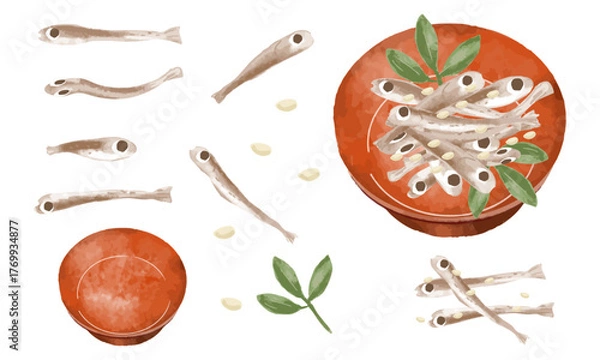 Fototapeta 水彩の田作り ごまめ おせち料理 和食 魚 イラスト セット