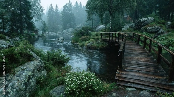 Obraz Scenic Forest Landscape with a Wooden Bridge over a Serene River in Misty Conditions