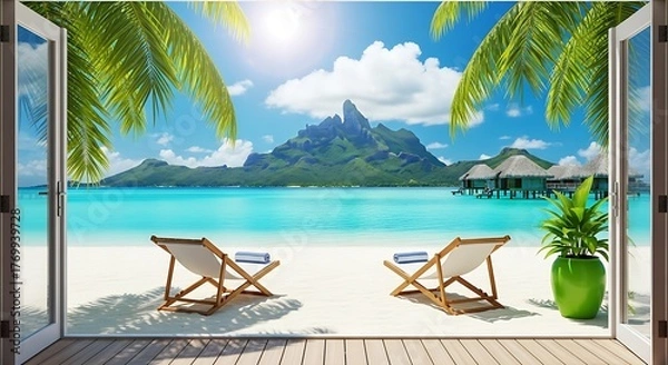 Fototapeta Tropical paradise view through open doors with beach chairs and turquoise water