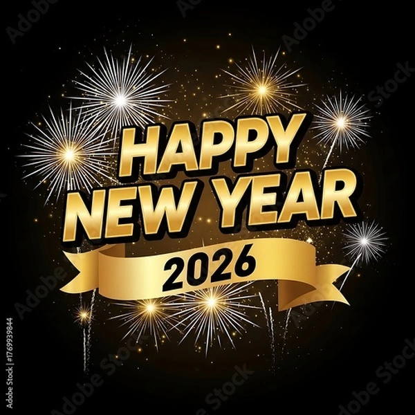Fototapeta Golden happy new year 2026 text with a festive firework display against a dark background