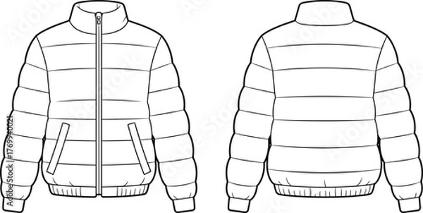 Fototapeta Puffer jacket technical flat sketch, front and back view fashion template, quilted winter coat design, apparel illustration, garment drawing, clothing pattern, outerwear vector