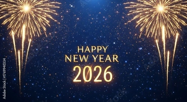 Fototapeta Golden fireworks illuminate the night sky celebrating the arrival of the happy new year 2026