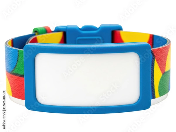 Fototapeta Colorful child safety wristband with a blank ID card on a transparent background