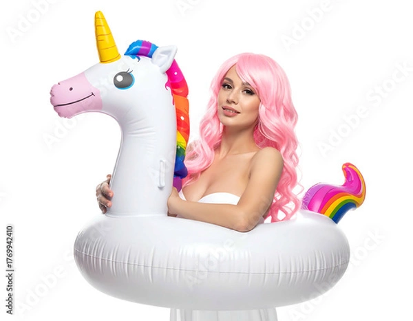Fototapeta Woman with pink curly wig, white fabric wrap, holds inflatable unicorn float, bright studio lighting, black background