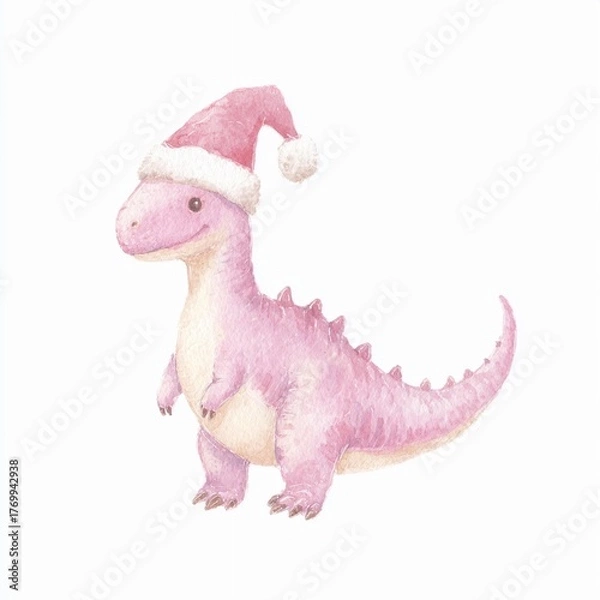 Fototapeta Dinosaur wearing a Santa hat in soft watercolor style for a festive holiday decoration