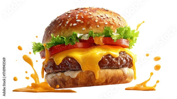 Fototapeta big fresh burger with cheese and bacon isolated on white background PNG image