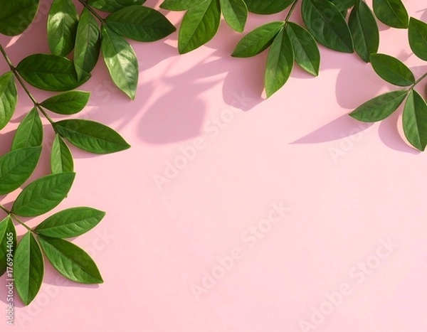 Fototapeta Bright green leaves arranged on a soft pink background, casting shadows