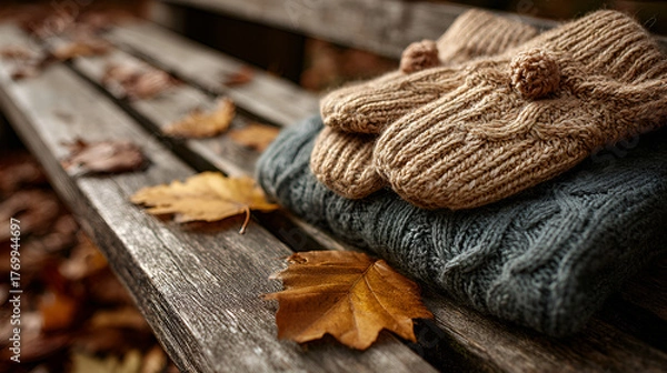 Obraz Autumn Scene with Knit Sweater and Mittens on Bench
Rustic Fall Setting with Cozy Knitwear and Leaves