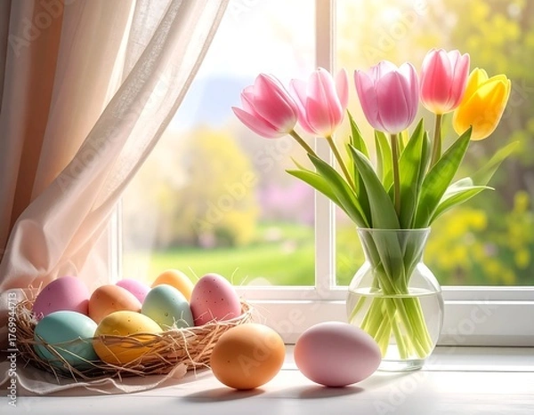 Fototapeta Easter scene with tulips in vase and pastel-colored eggs