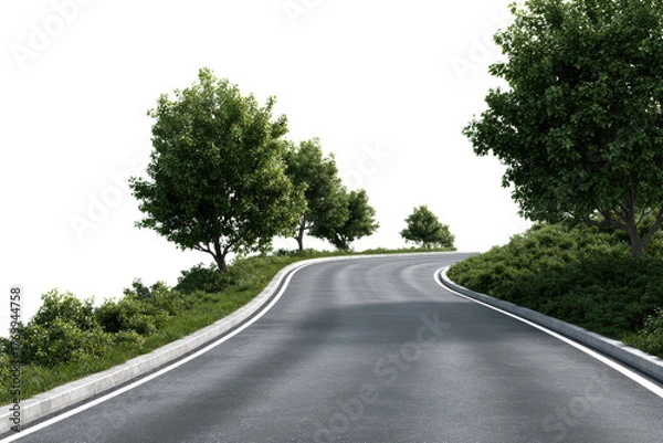 Fototapeta Winding asphalt road curves through green trees and grass on black background image, Png, Isolated on Transparent Background, Cut Out