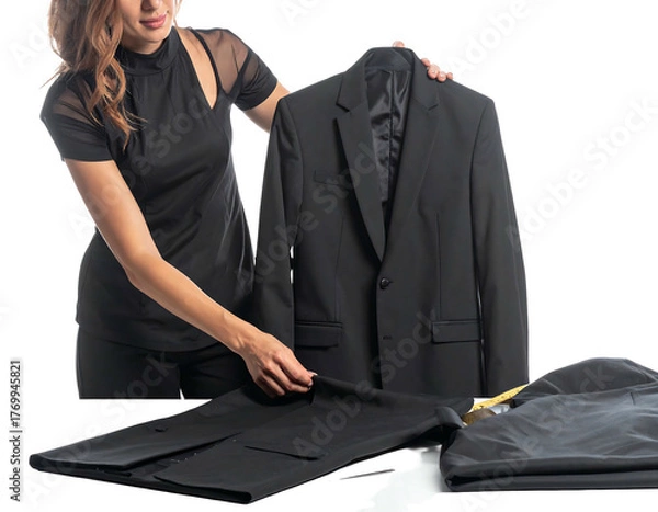 Obraz Woman handles a dark suit; laying pants and holding jacket, preparing for travel or inspection, on a light surface