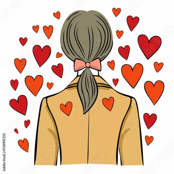 Fototapeta ponytail back portrait with pink bow and shower of red and orange hearts; wall art, prints, and merchandise panels for boutiques and pop‑up shops.