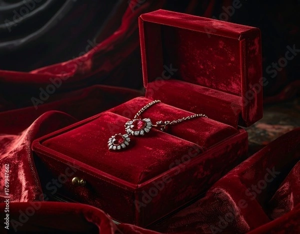 Obraz Elegant ruby necklace on velvet, displayed in a luxurious, open jewel case