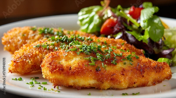 Fototapeta Breaded chicken cutlets with salad